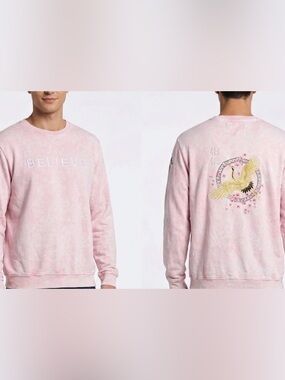 Blind Rooster Pink Acid Wash Embroidered Crane Believe Sweatshirt Mens Large